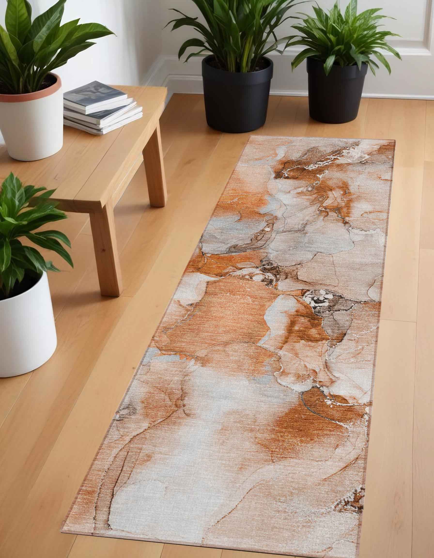 2' X 8' Orange and Ivory Abstract Washable Indoor Outdoor Runner Rug
