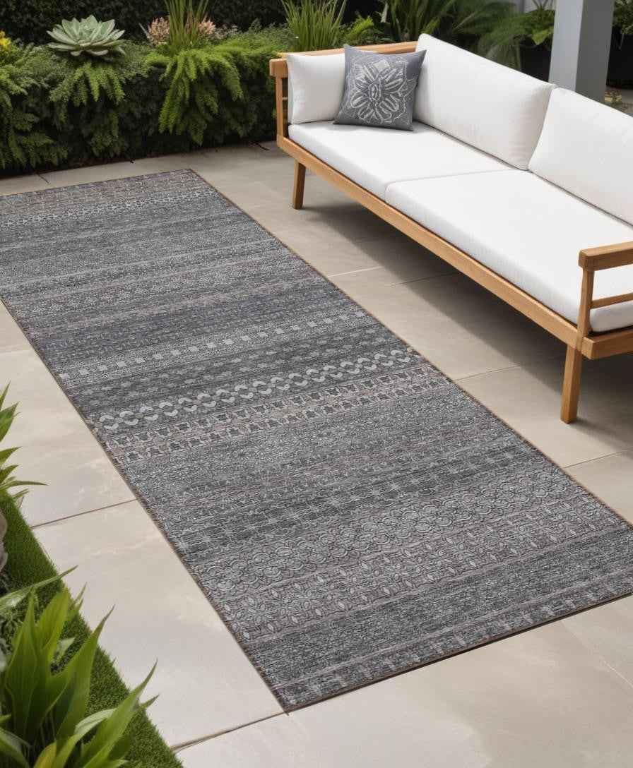 2' X 8' Gray Striped Washable Indoor Outdoor Runner Rug