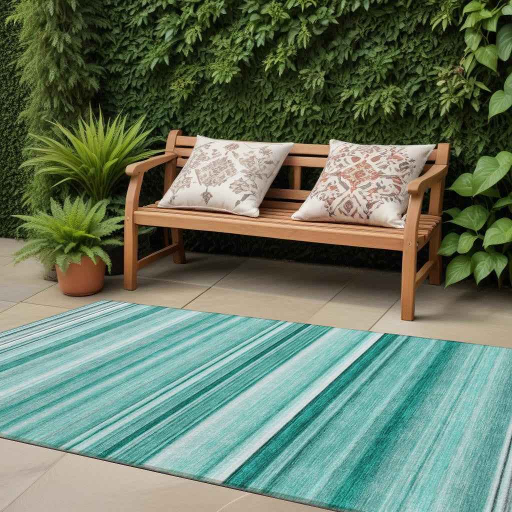 2' X 8' Aqua Striped Washable Indoor Outdoor Runner Rug