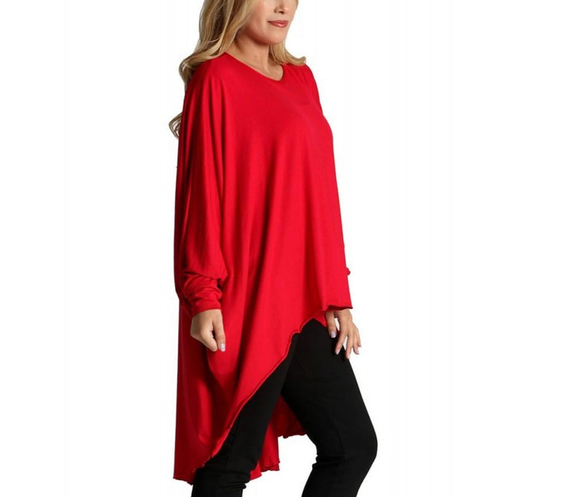 Red long-sleeve wrap-style cardi top with curved hem and cuffed sleeves