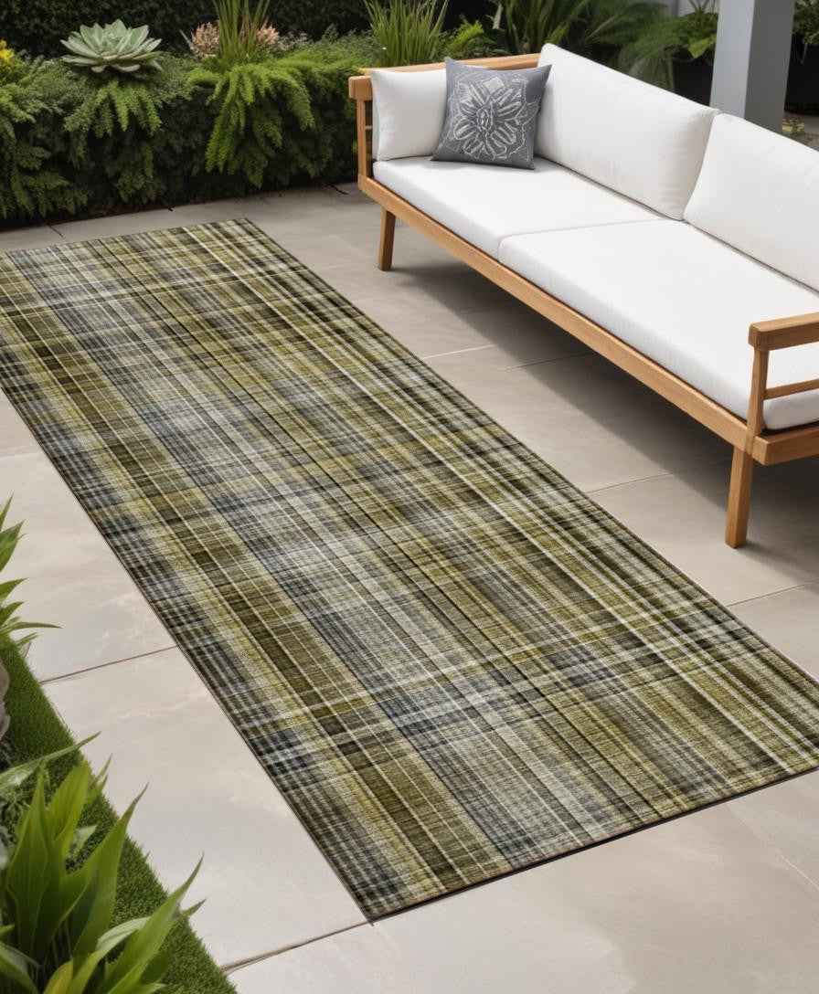 2' X 8' Green Beige and Gray Plaid Washable Non Skid Indoor Outdoor Area Rug