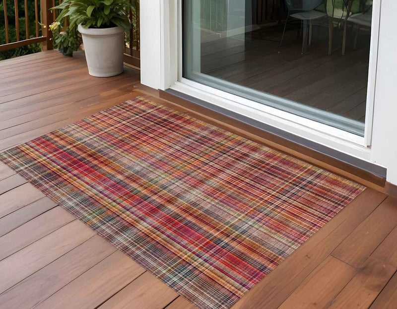 2' X 3' Red Orange and Brown Plaid Washable Non Skid Indoor Outdoor Area Rug