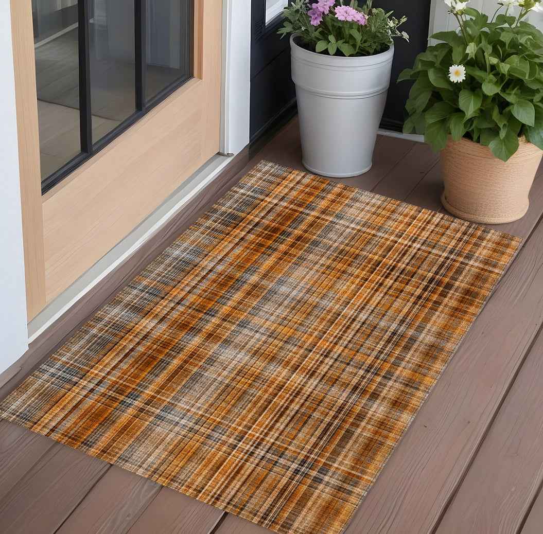 2' X 3' Orange Brown and Gray Plaid Washable Non Skid Indoor Outdoor Area Rug