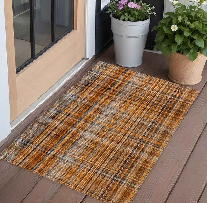 2' X 3' Orange Brown and Gray Plaid Washable Non Skid Indoor Outdoor Area Rug