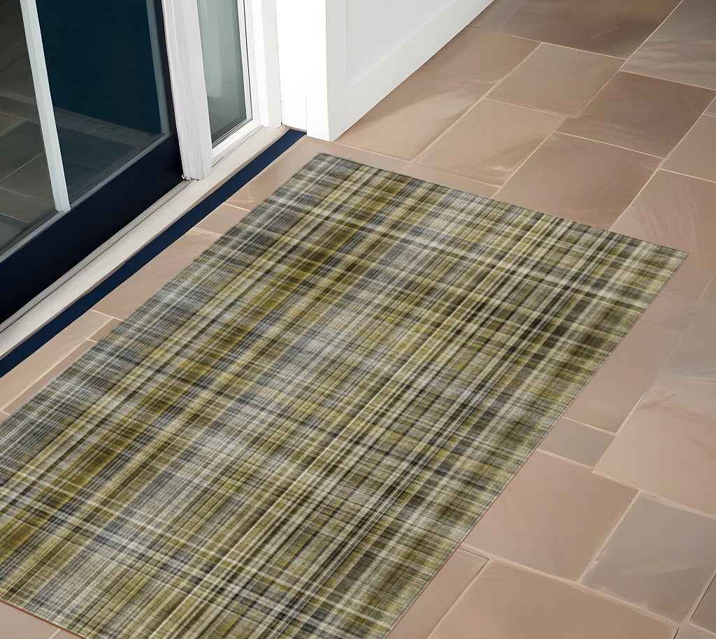 2' X 3' Green Beige and Gray Plaid Washable Non Skid Indoor Outdoor Area Rug