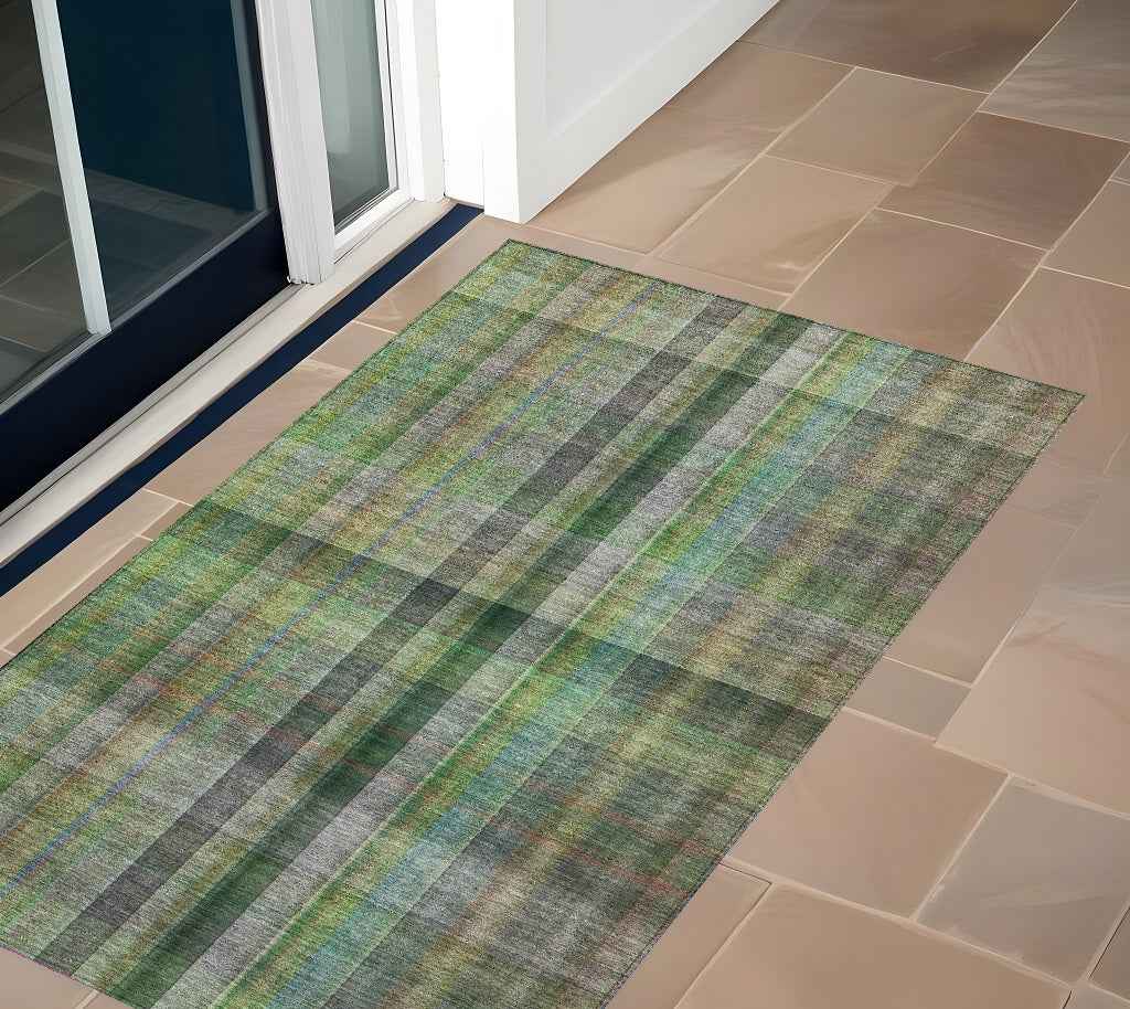 2' X 3' Green Beige and Gray Plaid Washable Non Skid Indoor Outdoor Area Rug