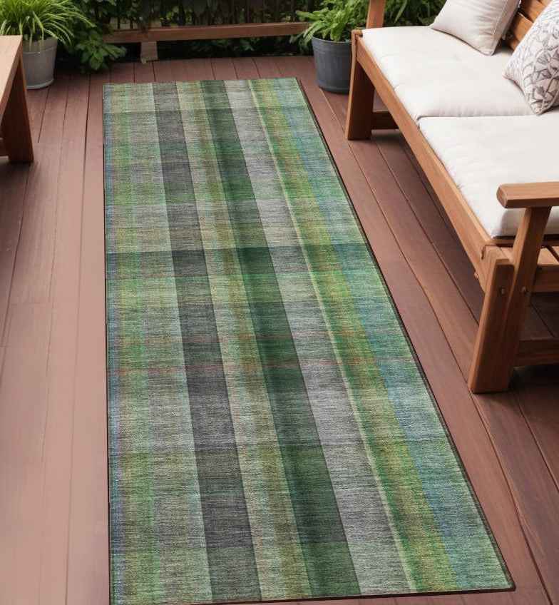 2' X 8' Green Beige and Gray Plaid Washable Non Skid Indoor Outdoor Area Rug