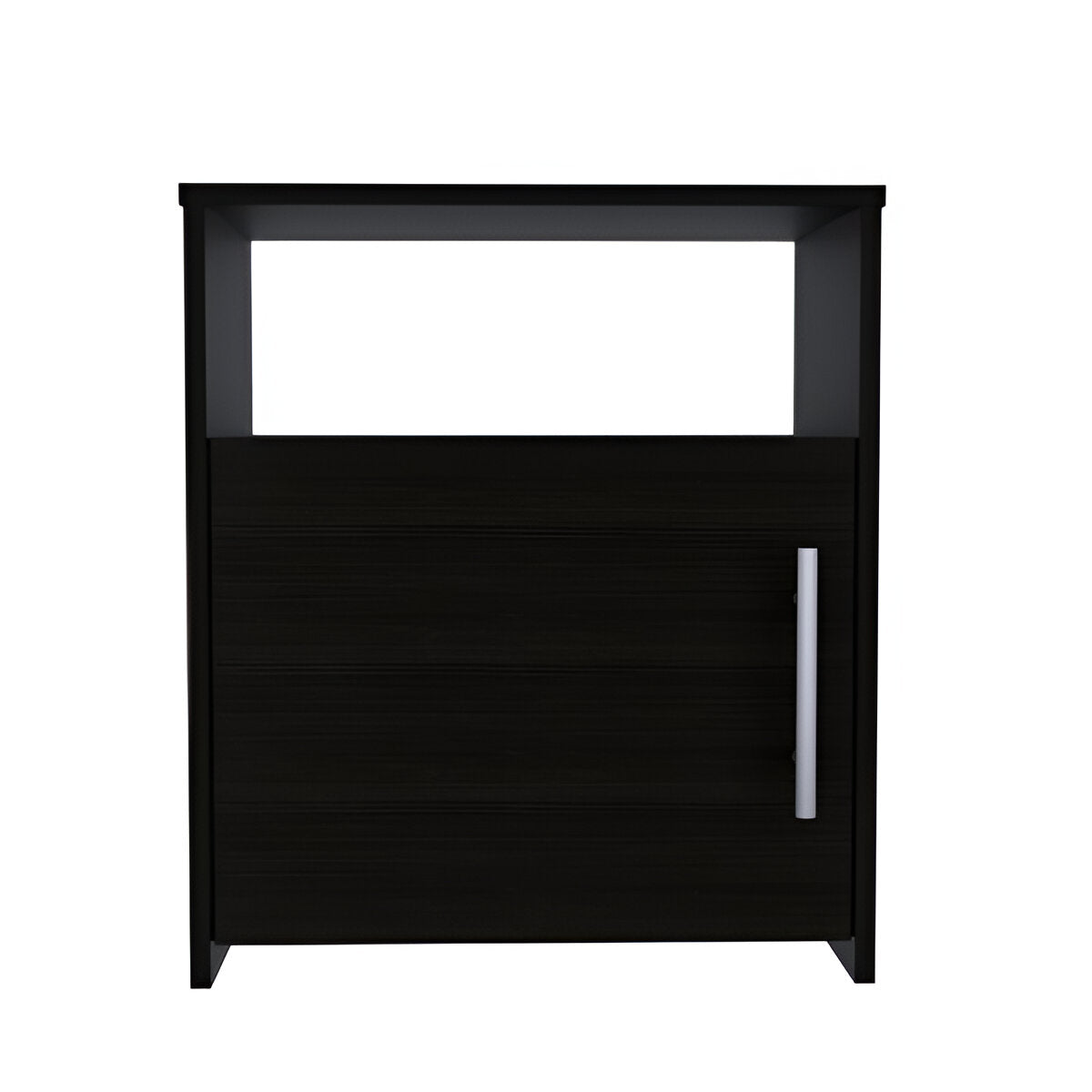 Black wood nightstand with open top shelf and one drawer with bar handle