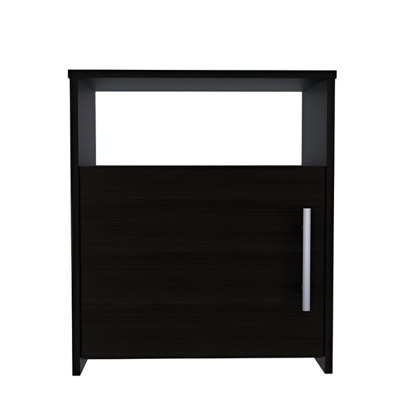 Black wood nightstand with open top shelf and one drawer with bar handle