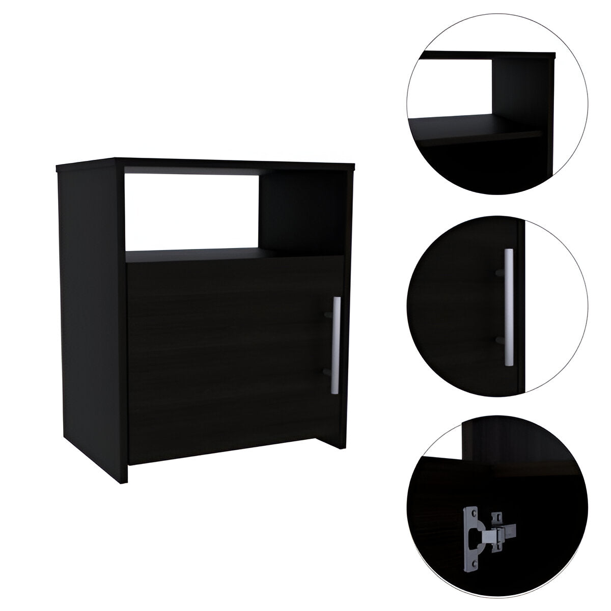 Black nightstand with open shelf, drawer, and vertical metal bar handle