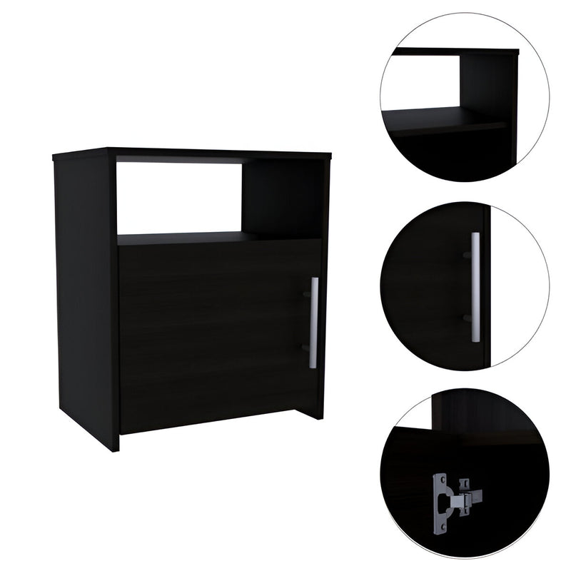Black nightstand with open shelf, drawer, and vertical metal bar handle