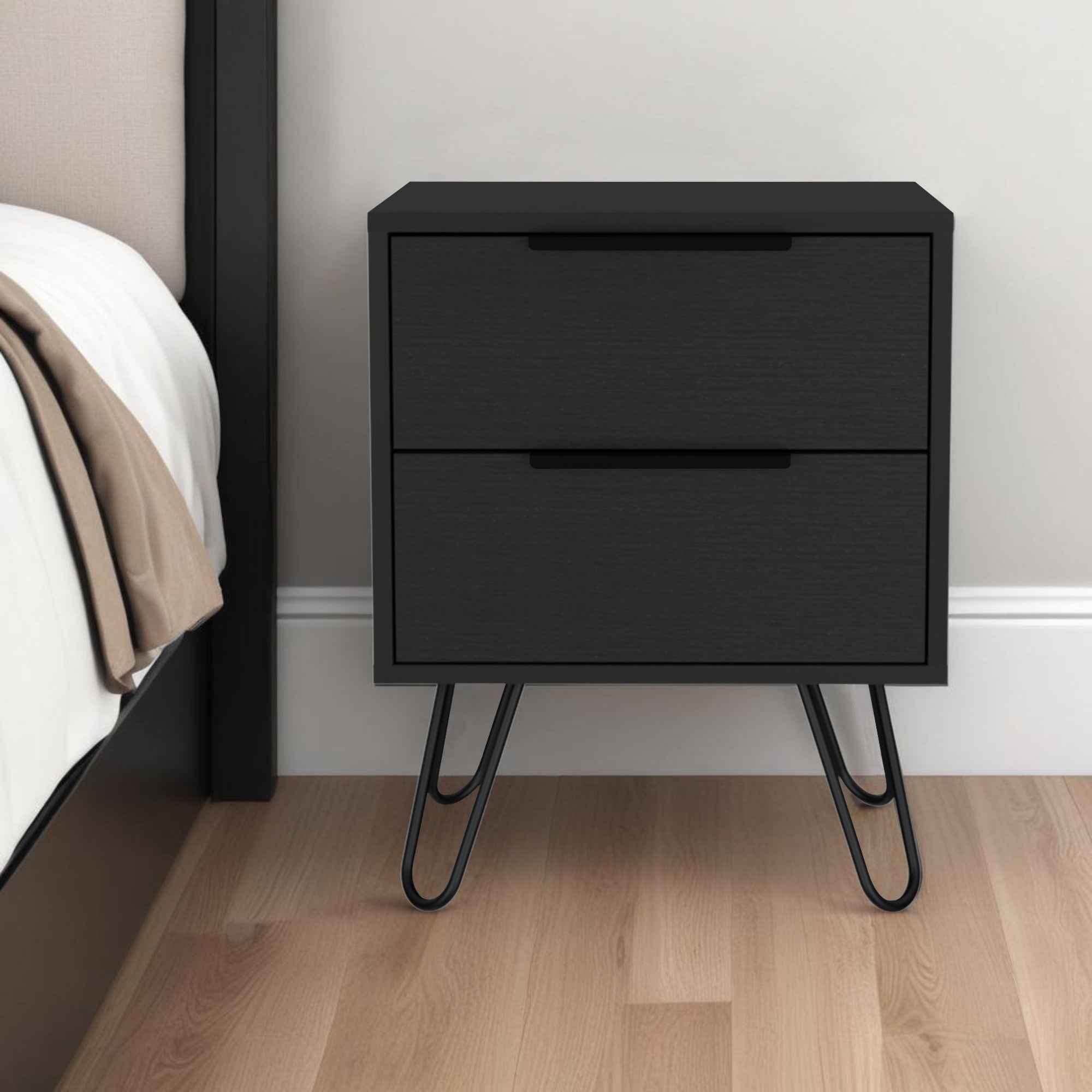 22" Black Wood Two Drawer Nightstand