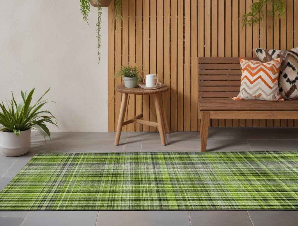 2' X 8' Green Black and Gray Plaid Washable Non Skid Indoor Outdoor Area Rug