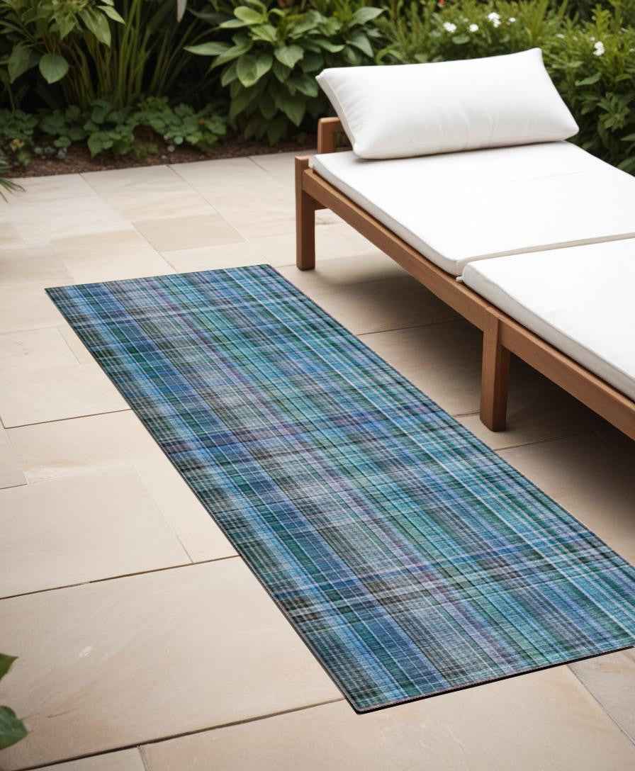 2' X 8' Blue Teal and Gray Plaid Washable Non Skid Indoor Outdoor Area Rug