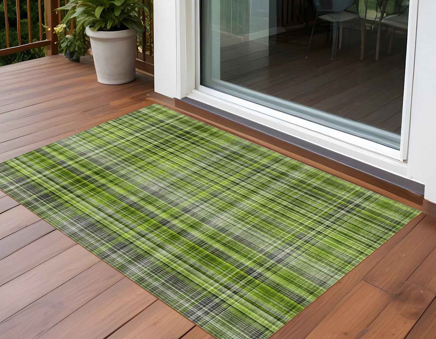 2' X 3' Green Black and Gray Plaid Washable Non Skid Indoor Outdoor Area Rug