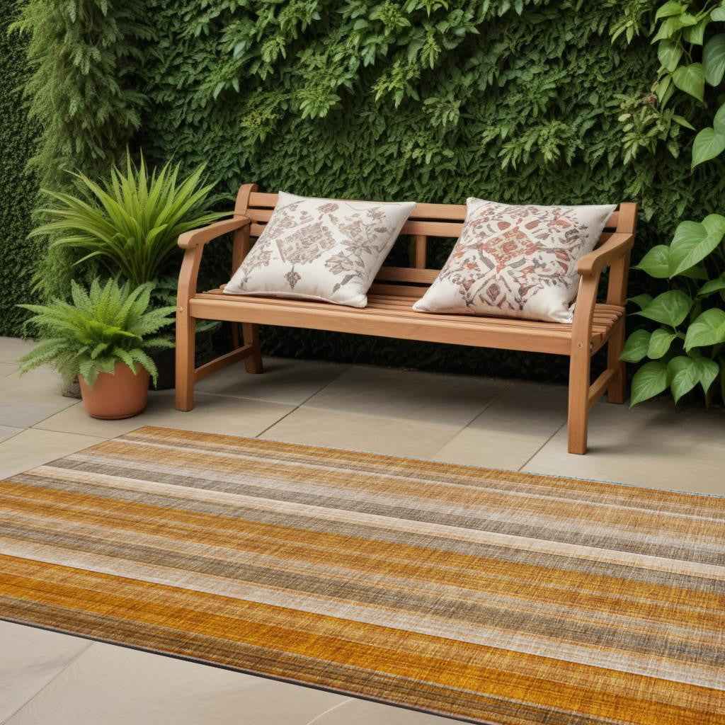 2' X 8' Orange Ivory and Gray Striped Washable Non Skid Indoor Outdoor Runner Rug