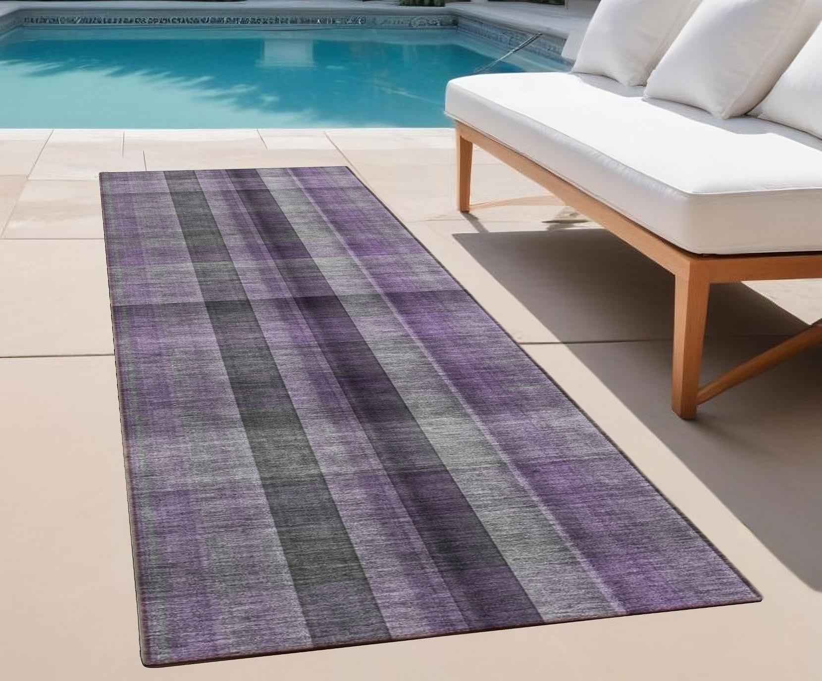 2' X 8' Purple Gray and Black Plaid Washable Non Skid Indoor Outdoor Area Rug