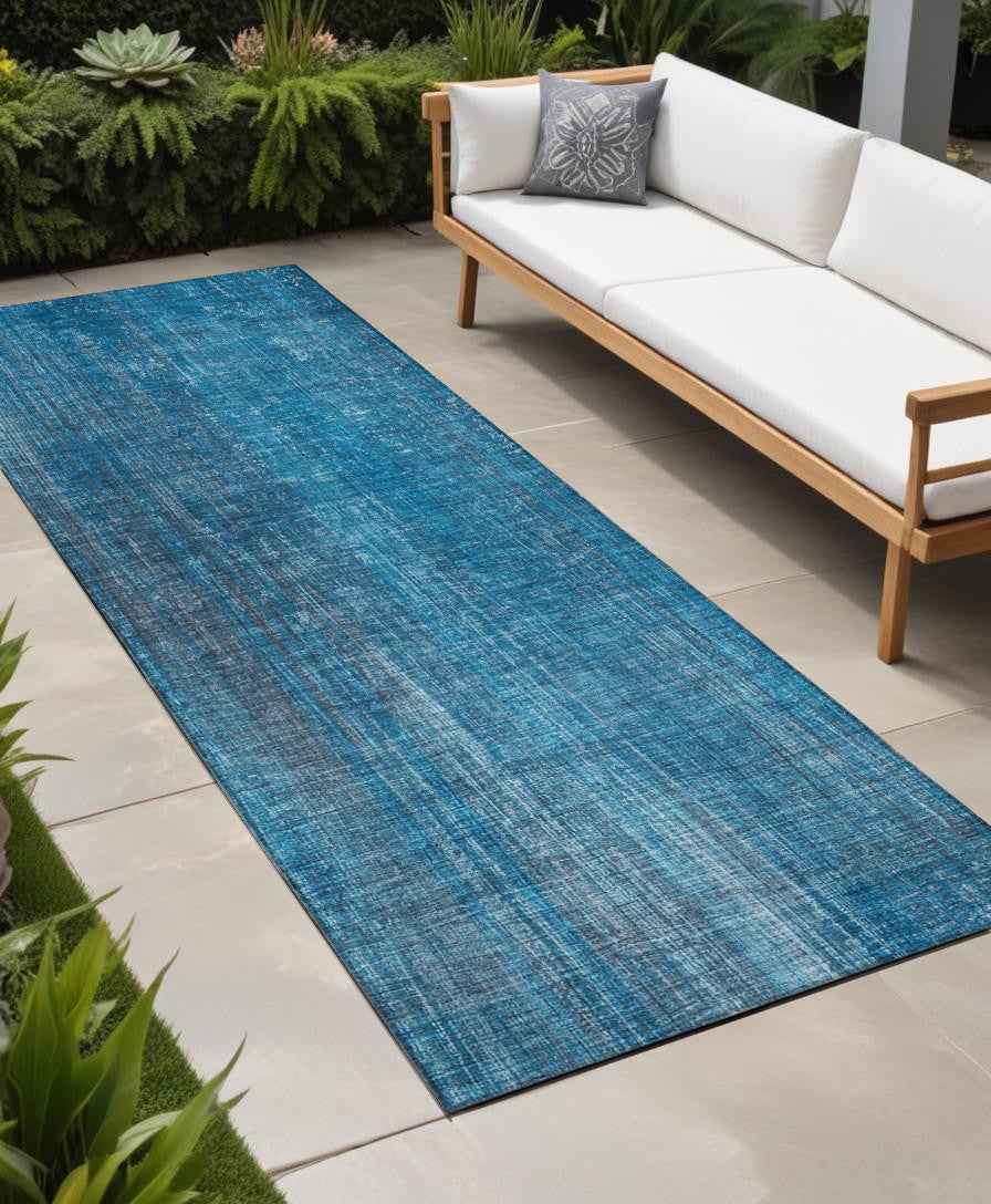 2' X 8' Blue Striped Washable Non Skid Indoor Outdoor Runner Rug