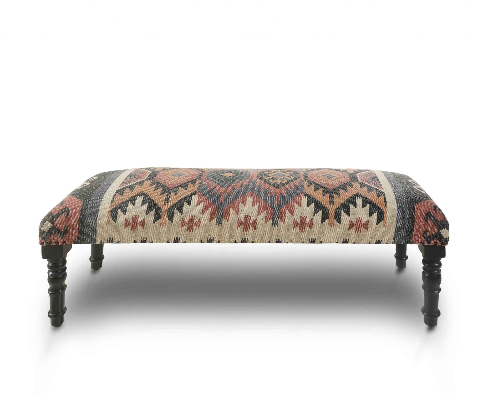 47" Beige Brown and Rust and Black Jute and Wool Blend Upholstered Southwest Distressed Bench
