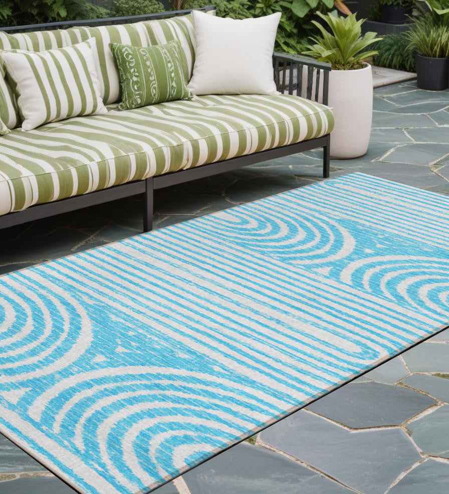 2' X 8' Teal and White Abstract Washable Non Skid Indoor Outdoor Area Rug
