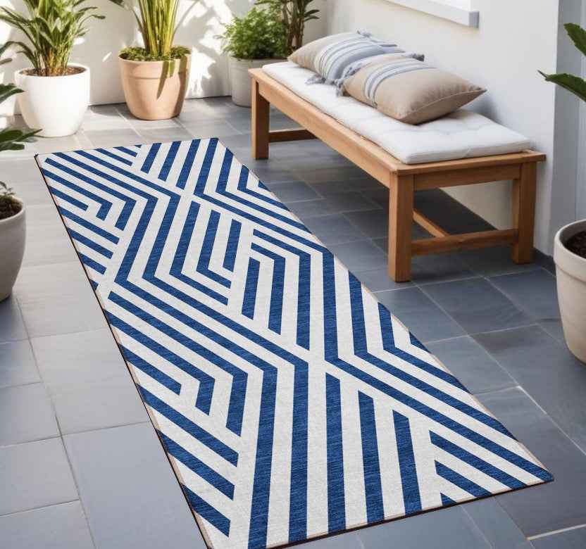 2' X 8' Navy and White Geometric Washable Non Skid Indoor Outdoor Runner Rug