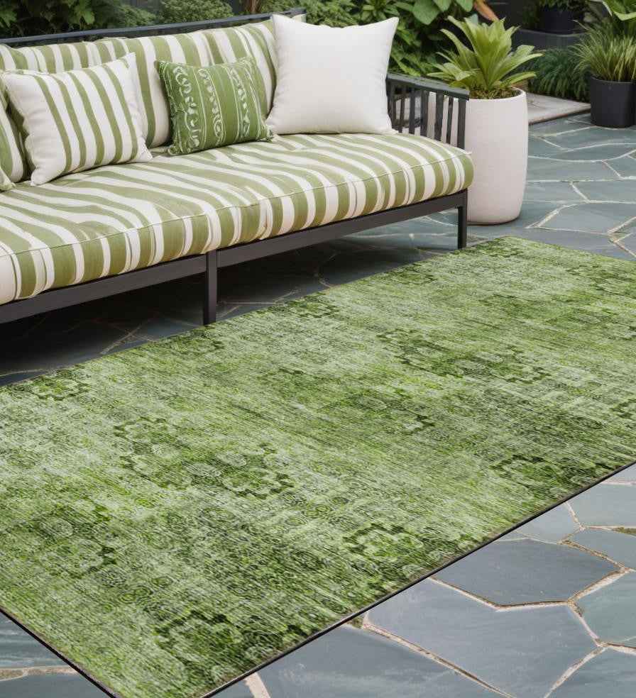 2' X 8' Olive Green Floral Medallion Washable Non Skid Indoor Outdoor Runner Rug