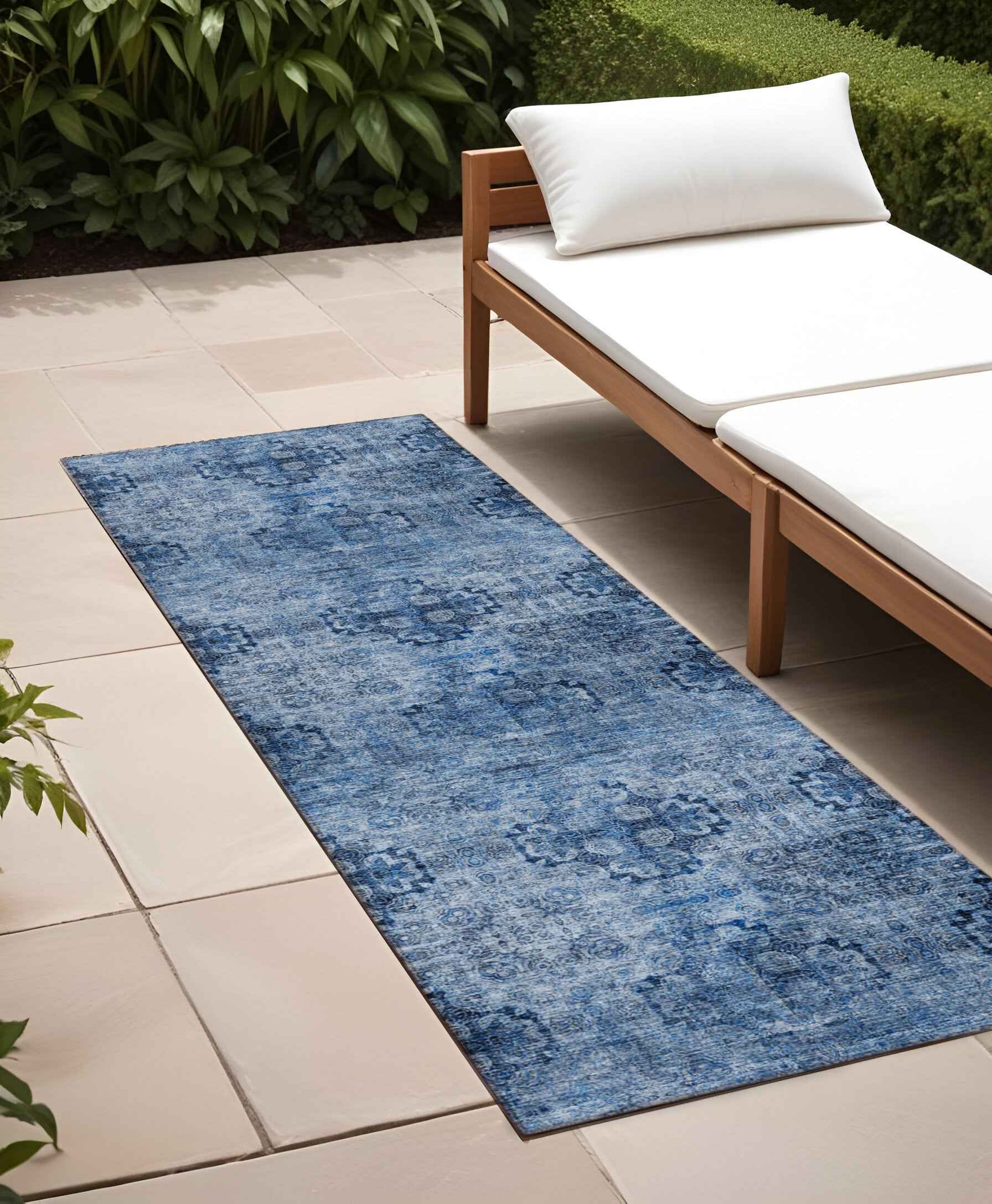 2' X 8' Navy Blue Floral Medallion Washable Non Skid Indoor Outdoor Runner Rug