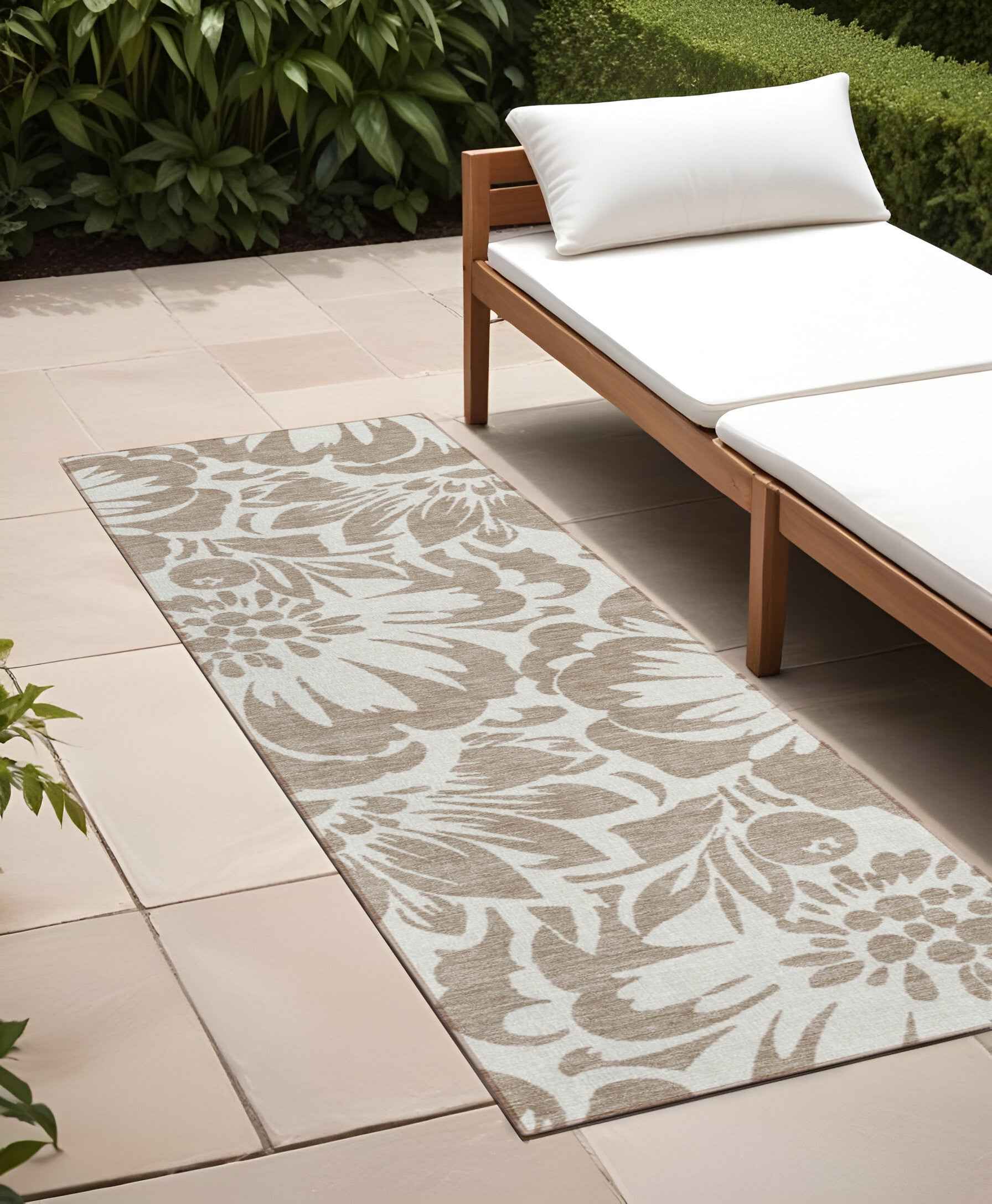 2' X 8' Taupe and Ivory Floral Washable Non Skid Indoor Outdoor Runner Rug
