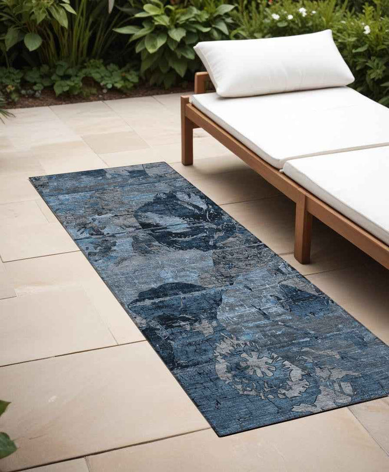 2' X 8' Blue and Dark Blue Abstract Washable Indoor Outdoor Runner Rug