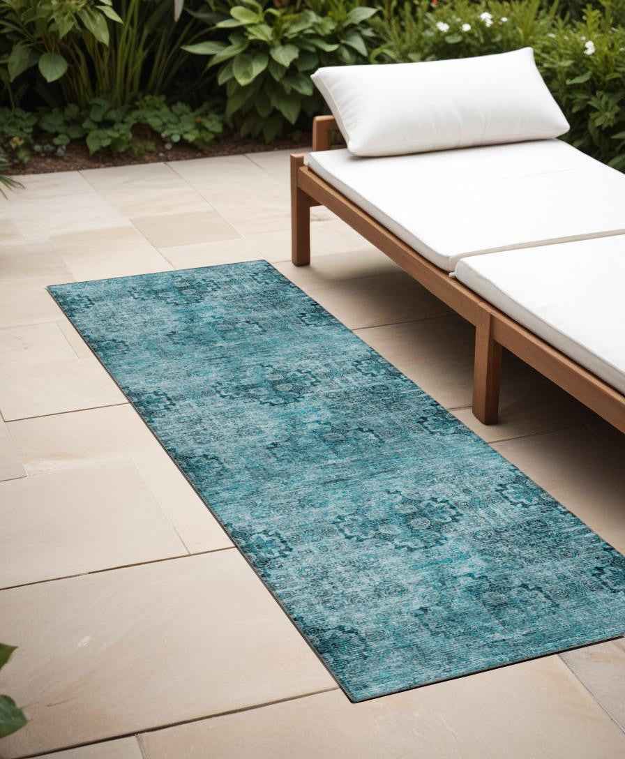 2' X 8' Teal Floral Medallion Washable Non Skid Indoor Outdoor Runner Rug