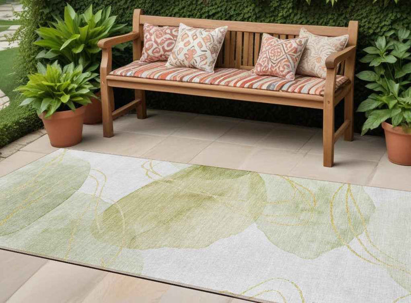 2' X 8' Green and Ivory Abstract Washable Non Skid Indoor Outdoor Runner Rug