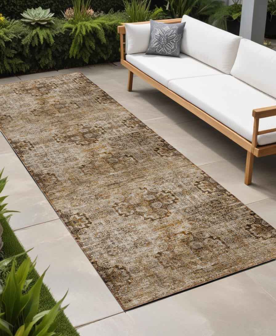 2' X 8' Taupe Floral Medallion Washable Non Skid Indoor Outdoor Runner Rug
