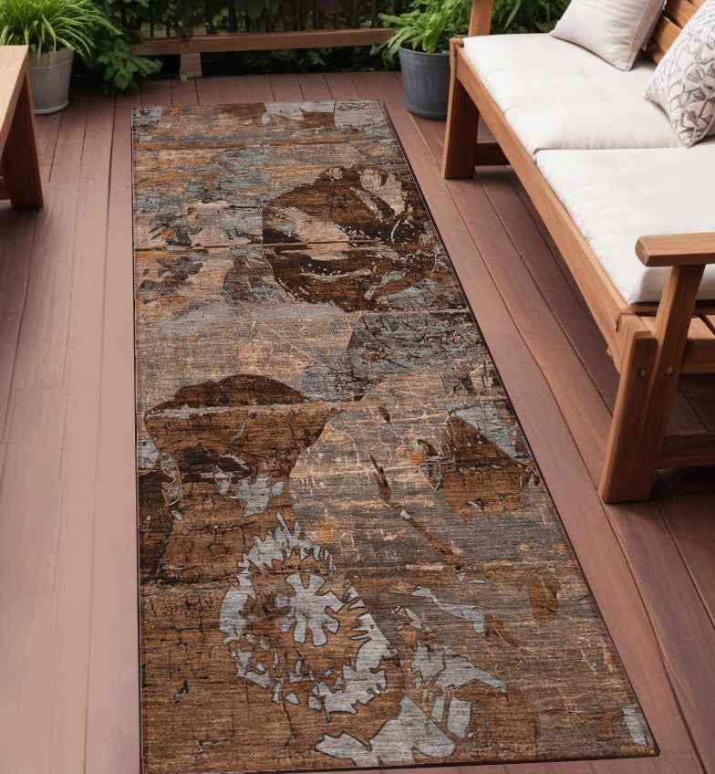 2' X 8' Brown Terracotta and Gray Abstract Washable Indoor Outdoor Runner Rug