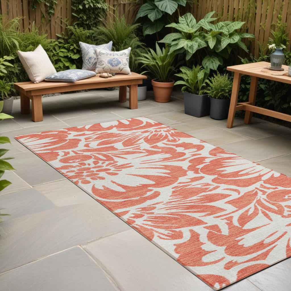 2' X 8' Salmon and Ivory Floral Washable Non Skid Indoor Outdoor Runner Rug
