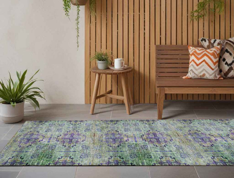 2' X 8' Purple and Green Floral Medallion Washable Non Skid Indoor Outdoor Runner Rug
