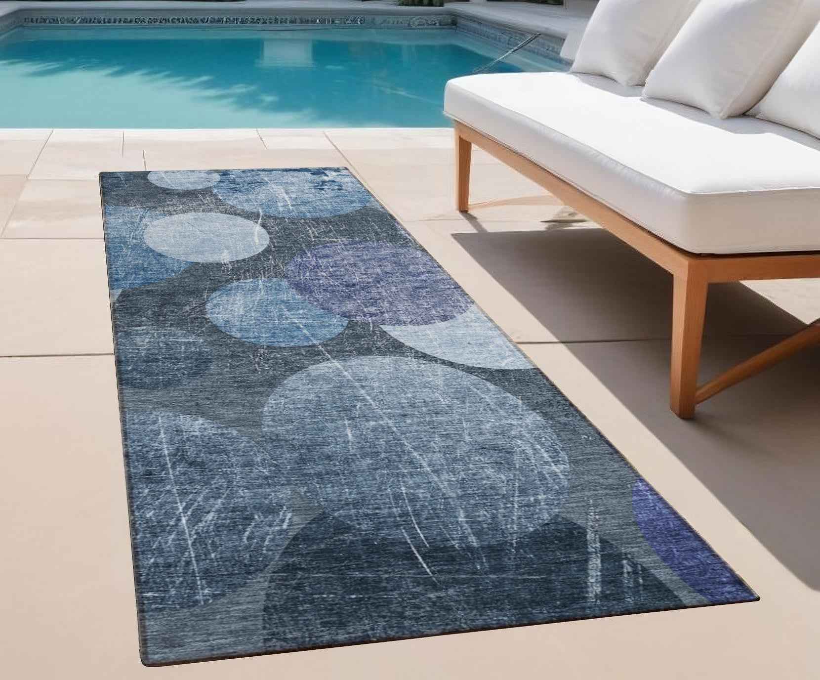 8' Gray And Blue Abstract Washable Indoor Outdoor Runner Rug