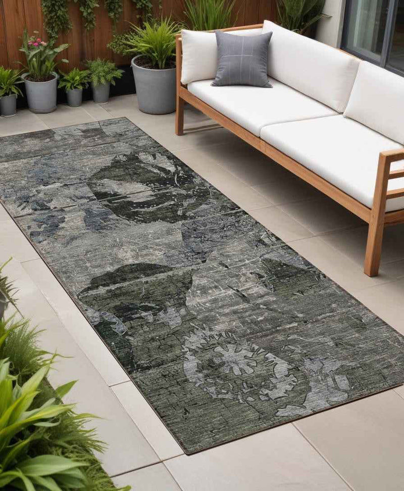 2' X 8' Gray Dark Green and Black Abstract Washable Indoor Outdoor Runner Rug