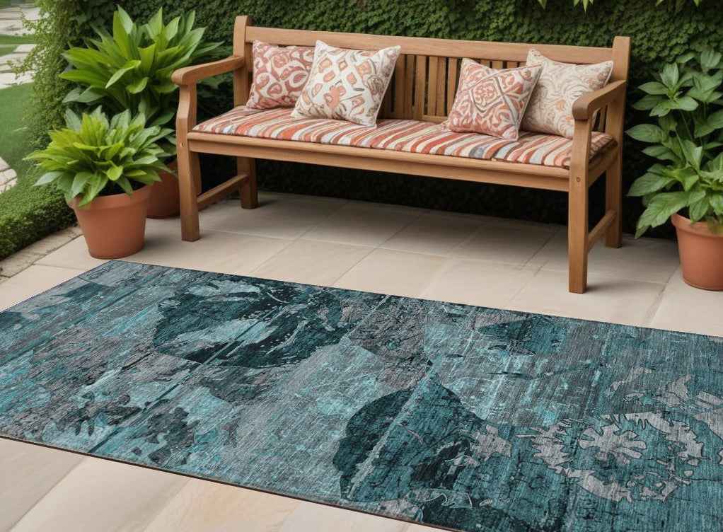 2' X 8' Teal and Gray Abstract Washable Indoor Outdoor Runner Rug