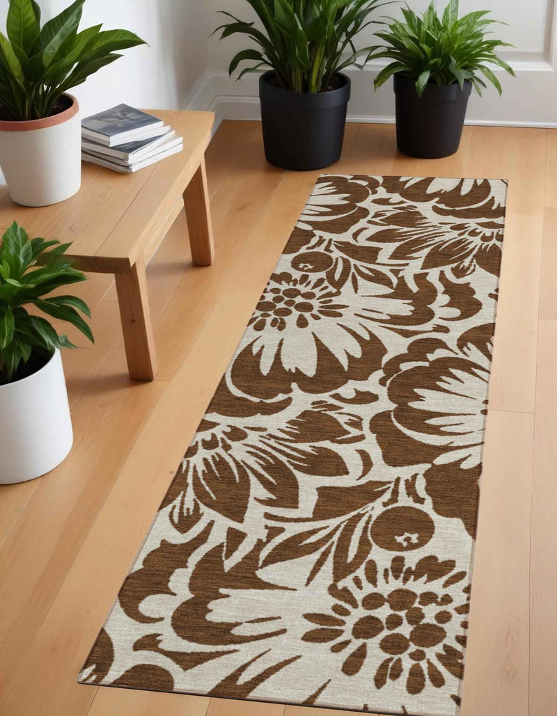 8' Brown And Ivory Floral Washable Indoor Outdoor Runner Rug
