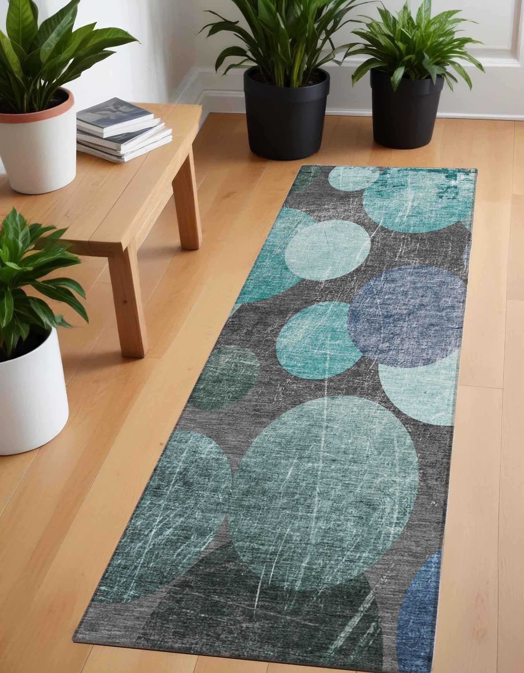 2' X 8' Gray Blue and Purple Abstract Washable Non Skid Indoor Outdoor Runner Rug