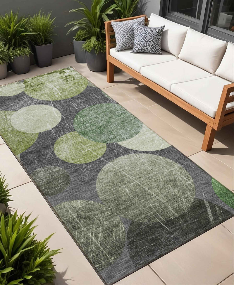 2' X 8' Green and Gray Abstract Washable Non Skid Indoor Outdoor Runner Rug