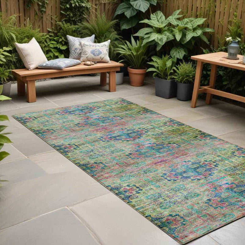 2' X 8' Blue and Green Floral Medallion Washable Non Skid Indoor Outdoor Runner Rug