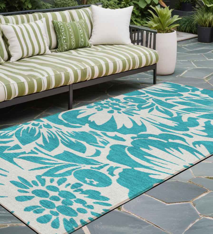 2' X 8' Teal and Ivory Floral Washable Non Skid Indoor Outdoor Runner Rug