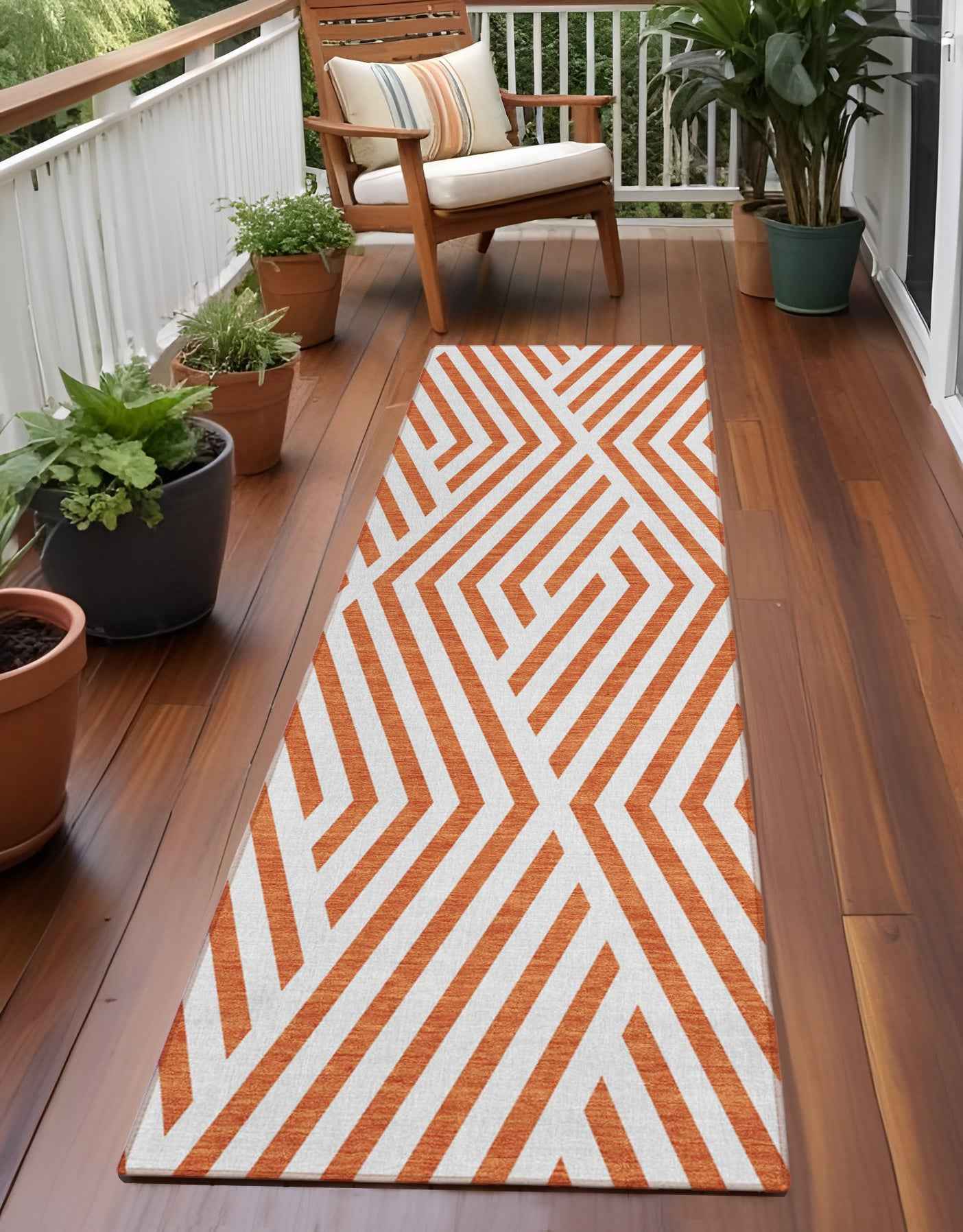 2' X 8' Orange and White Geometric Washable Non Skid Indoor Outdoor Runner Rug