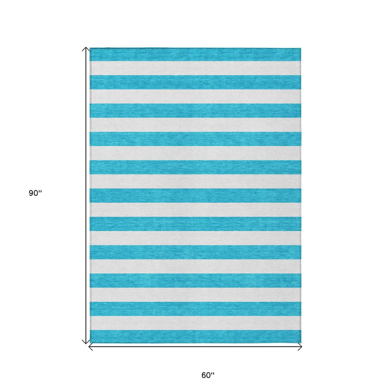 5' X 8' Teal and White Striped Washable Indoor Outdoor Area Rug