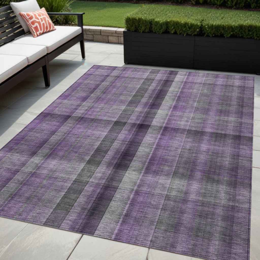 5' X 8' Purple Gray and Black Plaid Washable Non Skid Indoor Outdoor Area Rug
