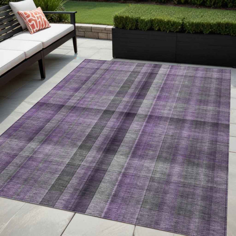 5' X 8' Purple Gray and Black Plaid Washable Non Skid Indoor Outdoor Area Rug