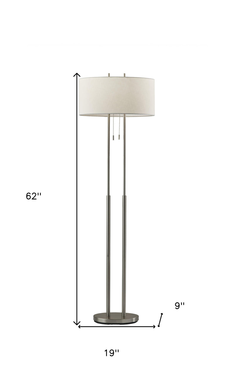 62" Silver Metal Task Floor Lamp With White Fabric Drum Shade - Lighting