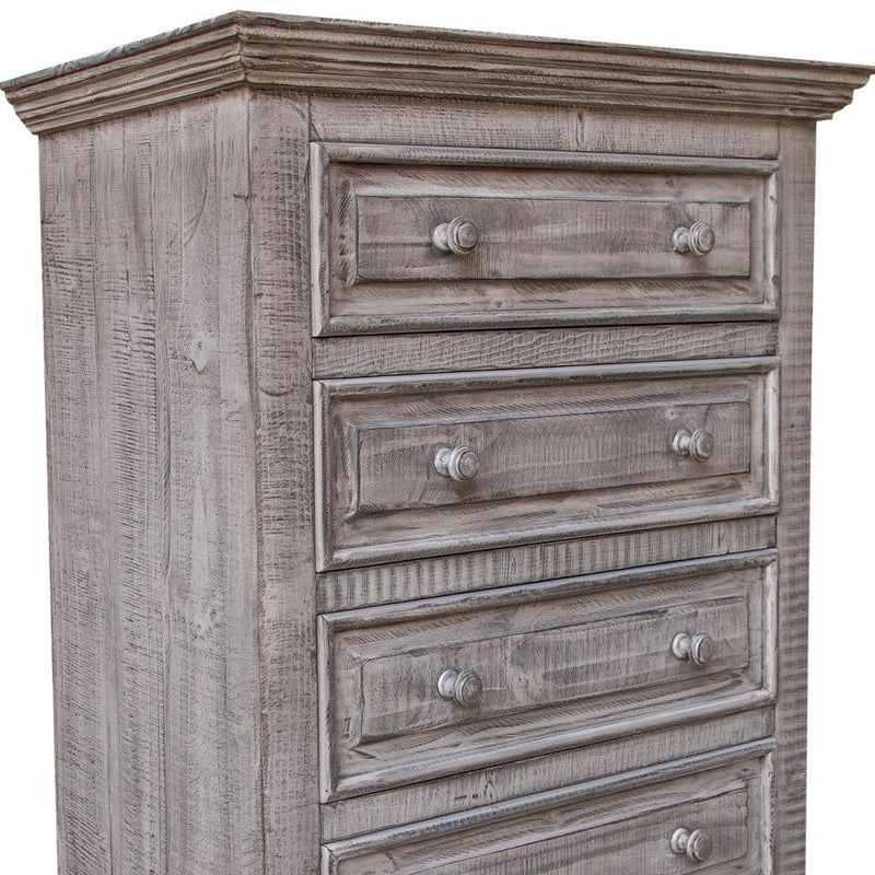 Gray solid wood five-drawer chest showing three drawer fronts with round knob pulls