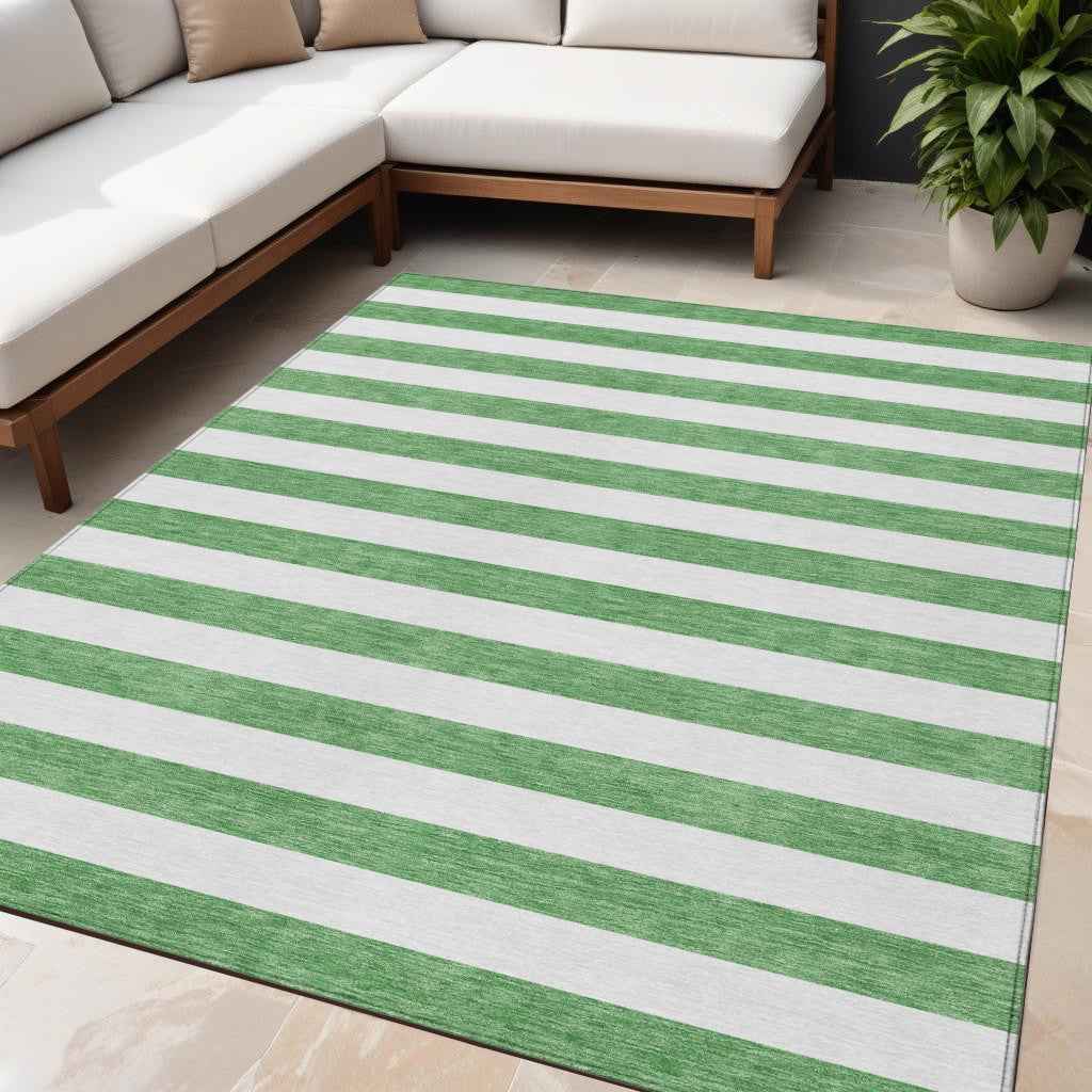 5' X 8' Green and White Striped Washable Indoor Outdoor Area Rug